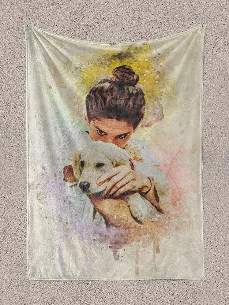WaterColour Human and Pet - Custom Sibling Pet Blanket - NextGenPaws Pet Portraits