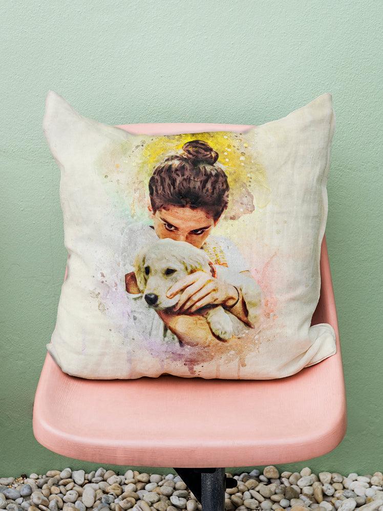 WaterColour Human and Pet - Custom Sibling Pet Pillow - NextGenPaws Pet Portraits