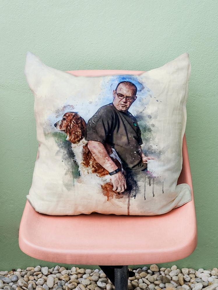 WaterColour Human and Pet - Custom Sibling Pet Pillow - NextGenPaws Pet Portraits